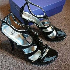 Stuart Weitzman black patent leather sandal heels